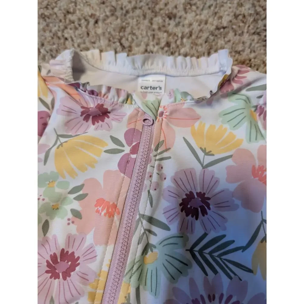 CARTER'S floral ruffled long sleeve baby girls swim suit, 9 Mos